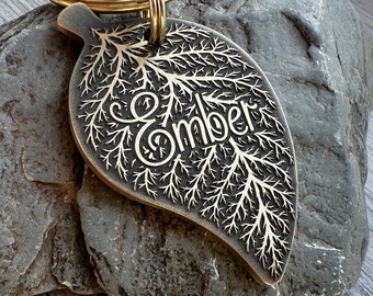 Engraved Autumn Leaf Skeleton Dog Tag: Fall Season Pet ID Tag, in Brass or Stainless Steel