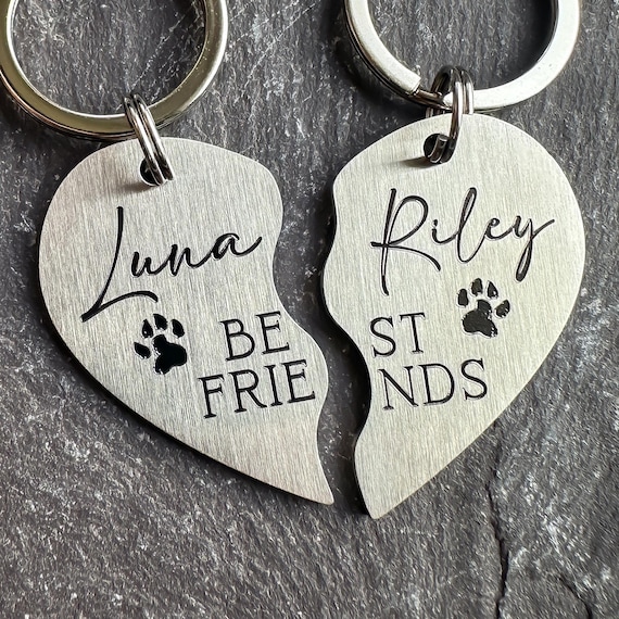 TWO Matching Friendship Love Heart Dog Tag Keyrings, Personalised Pet Keychain, Gift for Dog Lovers, Stainless Steel Brass Dog Name ID plate