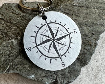 Compass dog tag, Dog ID, Compass keyring, charm for dog collar, Hiking gift, Metal ID tag, Solid Brass tag, Deep engraved, pet tags UK,