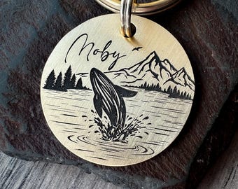 Engraved Hand-Drawn Whale Watching Dog Tag, Orca Whale Keyring, Personalized Pet Charm (UK Made)