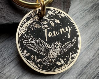 Engraved Hand-Drawn Owl Dog Tag, Autumn Oak Tree Keyring, Personalized Pet Charm (UK Made)