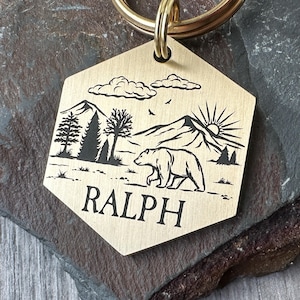 Bear Dog Tag, Mountain dog tag keyring, Custom metal ID tag, Chunky Personalised Dog Tag, Engraved Dog collar charm, Hiking keyring gift