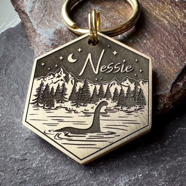 Loch Ness Dog Tag, Quality Thick Pet ID Name Tags, Solid Brass Charm, Gift for Dog Lover, Mythical Animal Creatures Keyring, Nessie Keychain