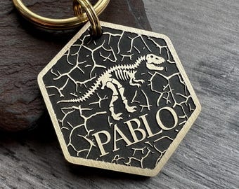 Dinosaur Skeleton Bones Dog ID Tag, Personalised Engraved Pet Name Tag, Jurassic T-Rex Fossil Keyring Keychain, Tyrannosaurus Rex Gift