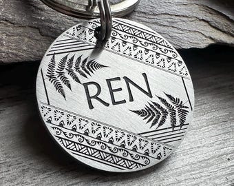 Personalized Tribal Fern Dog Tag: Engraved Brass Pet ID