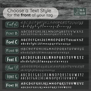 May include: A graphic displaying eight different font styles for text on a tag. The font styles are labelled Font A through Font H. Each font style shows the alphabet in uppercase and lowercase letters.