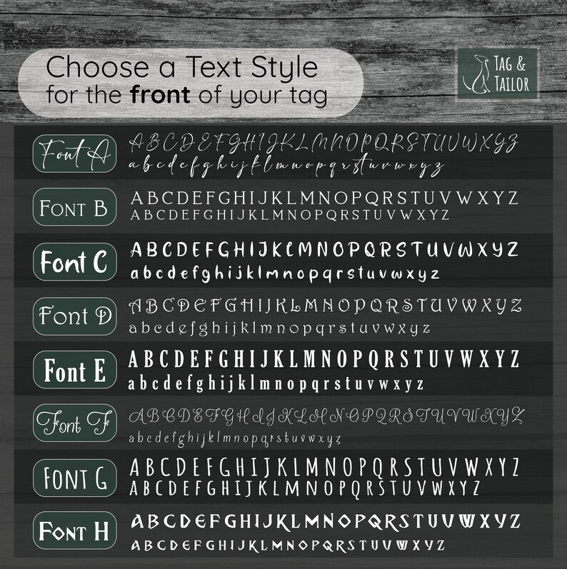 May include: A graphic displaying eight different font styles for text on a tag. The font styles are labelled Font A through Font H. Each font style shows the alphabet in uppercase and lowercase letters.