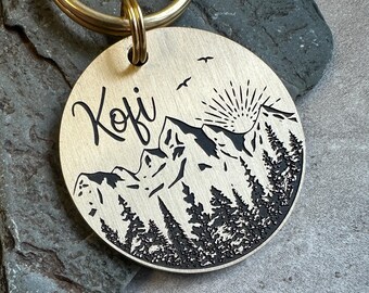 Mountains Dog Tag, Personalised Dog Tag, dog ID Tag, Engraved Dog Tag, Explorer dog tag, Mountains keyring, Hiking dog tag, Steel dog tag