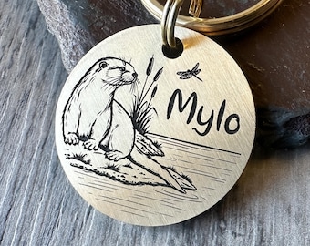 Engraved Hand-Drawn Otter Dog Tag, Riverside Wildlife Keyring, Personalized Pet Charm (UK Made)