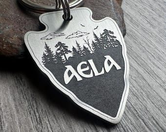 Forest Hiking Dog Tag, Quality Thick Pet ID Name Tag, Solid Brass Charm, Keychain Keyring for pet collar, Trees Woods Nature Adventure Tag