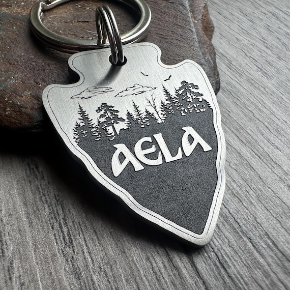 Forest Hiking Dog Tag, Quality Thick Pet ID Name Tag, Solid Brass Charm, Keychain Keyring for pet collar, Trees Woods Nature Adventure Tag