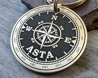 Detailed Compass Dog Tag, Custom Personalised Engraved Metal Pet ID, Mountain Hiking Keyring Charm for Collar, Solid Brass/Stainless Steel