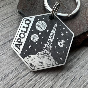 Rocket Spaceship Dog Tag, Planets keyring, Stars keychain, Space Pet Tag, Personalised Dog Tag, dog ID Tag, Engraved Dog Tag,  Space themed