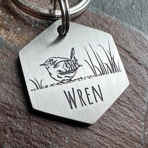 Bird Dog Tag, wren keyring, Custom metal ID tag, Chunky Personalised Pet Tag, sparrow keyring keychain, gift for bird lover owner