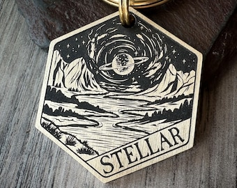 Hand-Drawn Mountains and Space Dog Tag, Engraved Cosmic Galaxy Pet ID Keychain