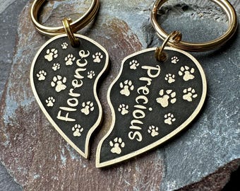 TWO Matching Friendship Love Heart Dog Tag Keyrings, Personalised Pet Keychain, Gift for Dog Lovers, Stainless Steel Brass Dog Name ID plate