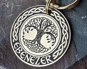Tree of Life Yggdrasil Dog Tag, Celtic Nordic Pet Tag, Norse Viking Keyring, Tribal Engraved Keychain, Personalised name tag for dog collar