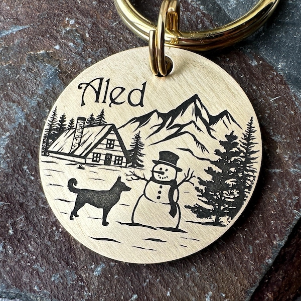 Snowman Dog Tag Keyring, Customisable Dog Breed Silhouette, Personalised Pet ID Keychain, Engraved Charm for Dog Collar, Xmas Gift for Pet