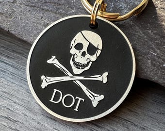 Personalized Skull & Crossbones Dog Tag: Engraved Brass or Steel Pirate Pet ID