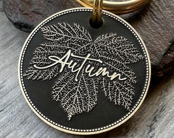Autumn Fall Leaf Skeleton Dog Tag: Personalised Deep Engraved Metal Pet ID Tag