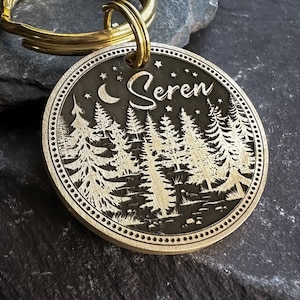 Midnight Forest Dog Tag, Quality Thick Pet ID Name Tag, Solid Brass Charm, Keychain Keyring for pet collar, Trees Woods Nature Adventure Tag