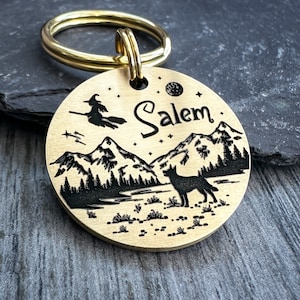 Halloween Witch Mountains Dog Name Tag, Choose a Dog Breed, Autumn Fall Pet ID Tag Keyring, Custom Made Chunky Brass or Steel Dog Collar