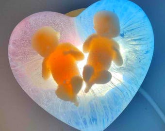 Twin Infant Loss Memorial Lamp, Resin Heart Keepsake with LED Light