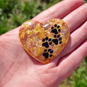 Gold leaf PAW PRINT HEART pocket hug// Custom Palm stone heart ornament, Eco friendly resin, cat lover gift, cat paw ornament, cat mum