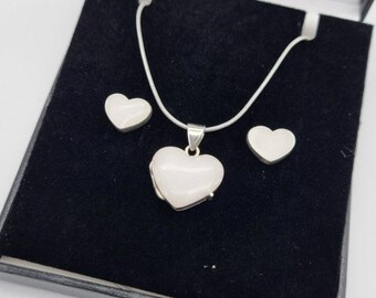 Replica Breastmilk Heart Locket Jewelry Set, Sterling Silver Pendant and Earrings, New Mom Gift