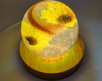 Sunflower Pet Fur Memorial Globe Lamp, Lock of Hair Keepsake
