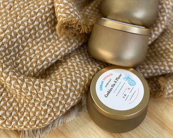May include: Gold candle jar with a white label that reads "Urban Nomad Everyday Cookies On A Plane" with a pineapple graphic. The candle jar is sitting on a wooden surface with a brown and white patterned blanket.