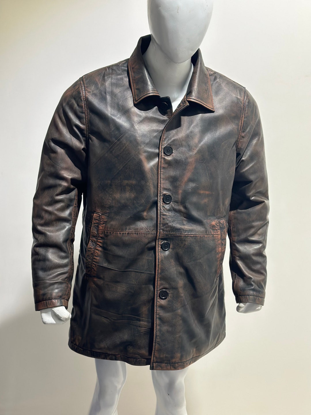 Men's Brown Distressed Leather Trench Coat Men Brown Etsy