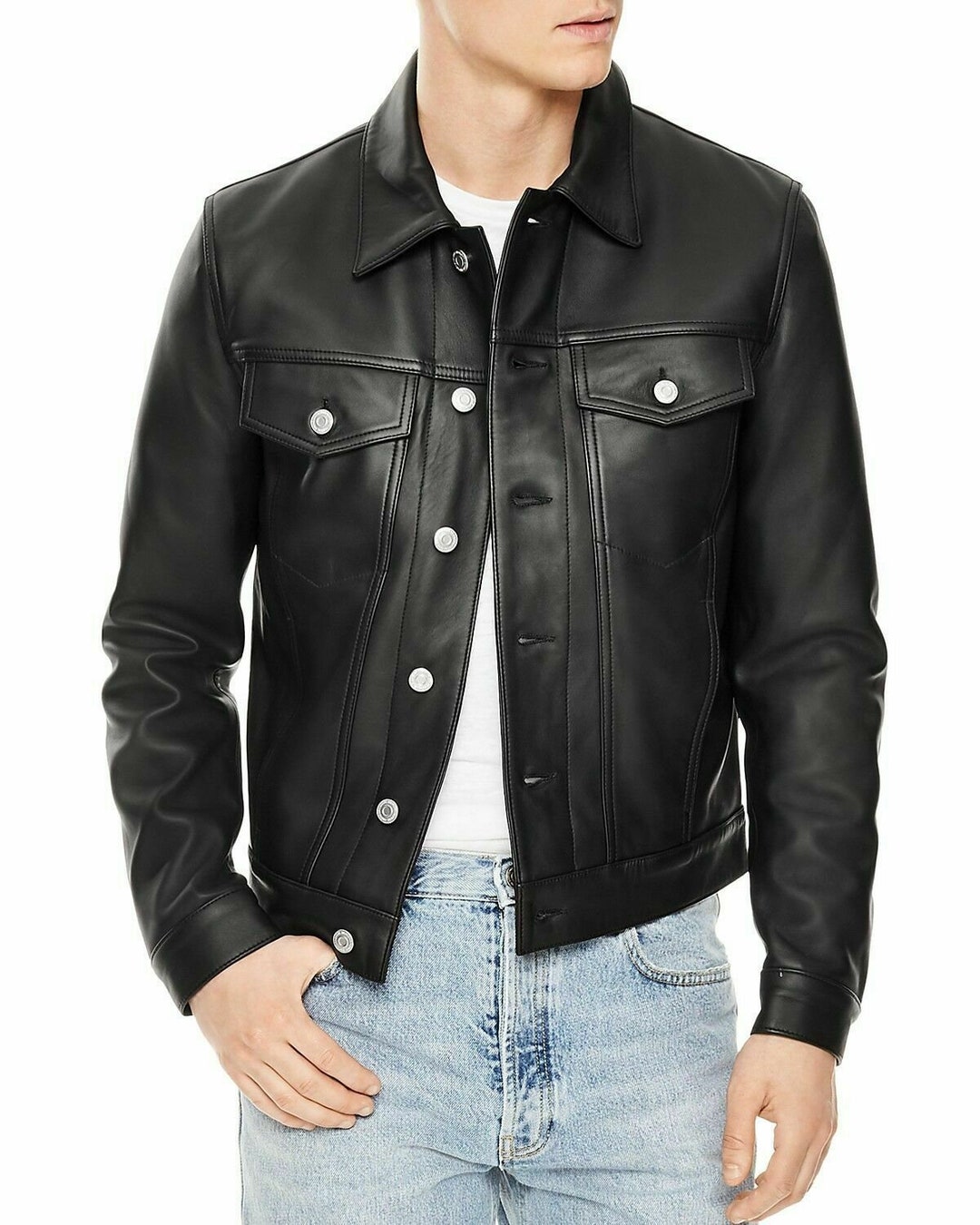 Men Black Leather Trucker Jacket Men's Black Lambskin Etsy