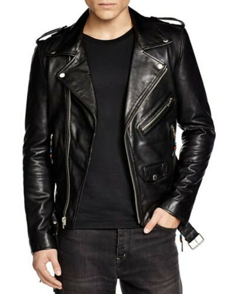 Men's Black Genuine Leather Biker Jacket Handmade - Etsy