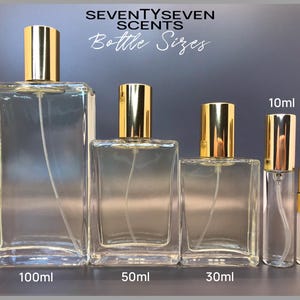 SeventySeven Scents Perfume bottles by size, example to show bottle capacity 100ml, 50ml, 30ml, 10ml or 3ml sample of EDP Eau de Parfum