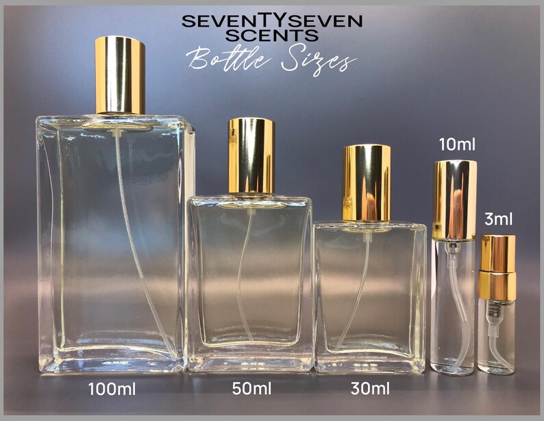 SeventySeven Scents Perfume bottles by size, example to show bottle capacity 100ml, 50ml, 30ml, 10ml or 3ml sample of EDP Eau de Parfum