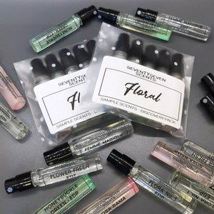 May include: A set of small glass bottles with black spray tops, labelled "Seventyseven Scents Floral Sample Scents - Discovery Pack". The bottles are arranged in a clear plastic bag with white polka dots.