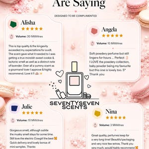 The image is a collage of five customer reviews for various scents from the brand Sevent Seven. The reviews express positive feedback about the scents, including their quality, longevity, and pleasantness. The reviews are written in a variety of fonts and sizes, and they describe the scents in detail, highlighting their unique features and the overall experience of using the products.