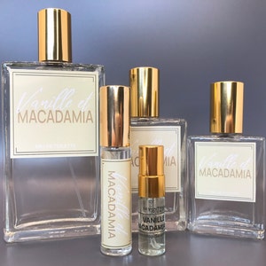 All options of bottle, for vanilla macadamia EDT perfume, sweet scent 100ml, 50ml, 30ml, 10ml, 3ml