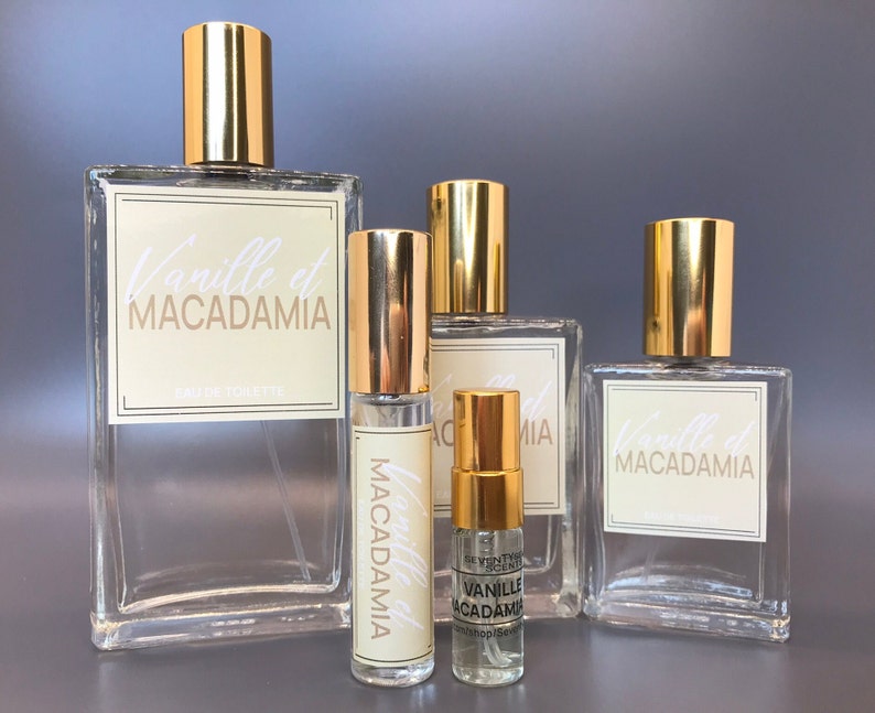 All options of bottle, for vanilla macadamia EDT perfume, sweet scent 100ml, 50ml, 30ml, 10ml, 3ml