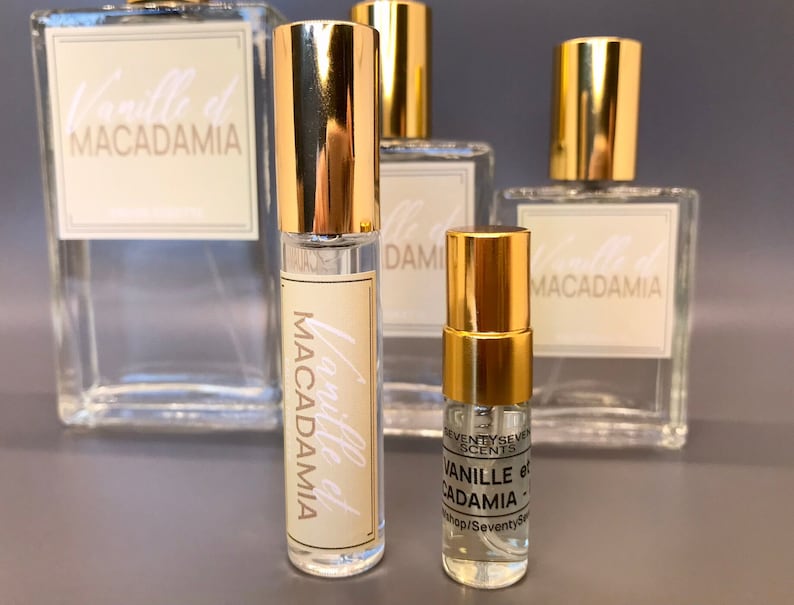 Vanilla Macadamia Perfume Eau De Toilette, close up image with 10ml and 3ml in the front