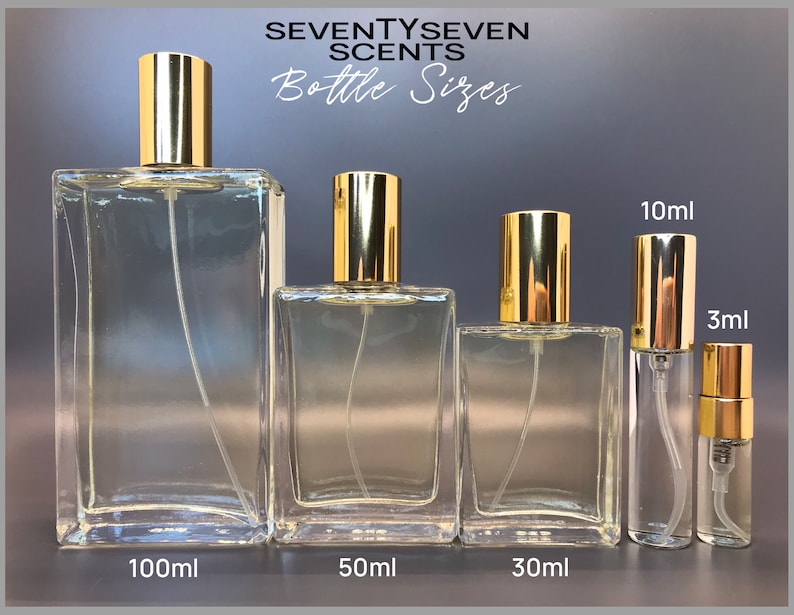 Five glass bottles with gold spray tops and clear liquid. The bottles are labelled with the following sizes: 100ml, 50ml, 30ml, 10ml, and 3ml.