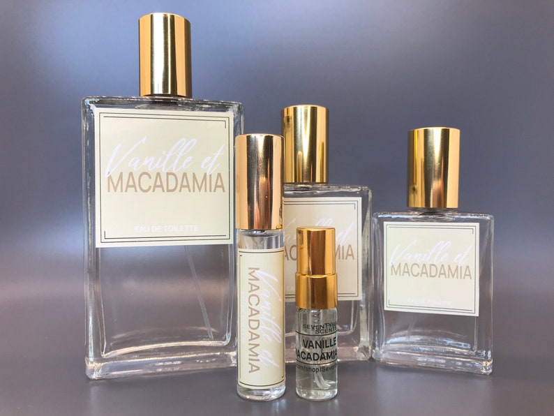 Vanilla Macadamia Perfume Eau De Toilette, three bottles, beige label, sizes 100ml, 50ml and 30ml, 10ml and 3ml tester size perfume