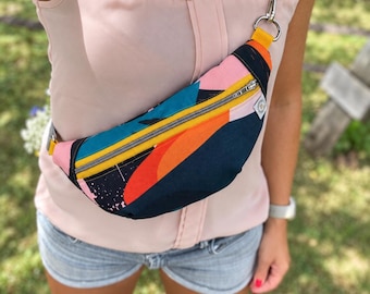 Pochete estampada e colorida – Bolsa de cintura / Bolsa de cintura para festivais feminina / Bolsa transversal feita à mão / Bolsa de ombro – Ideia para presente