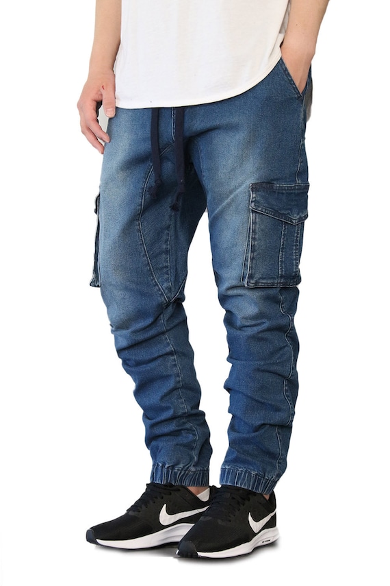 Men's Stretch Drop Crotch Denim Cargo Joggers S to 3XL 