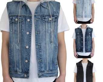 Men's Distressed Denim Hoodie Vest