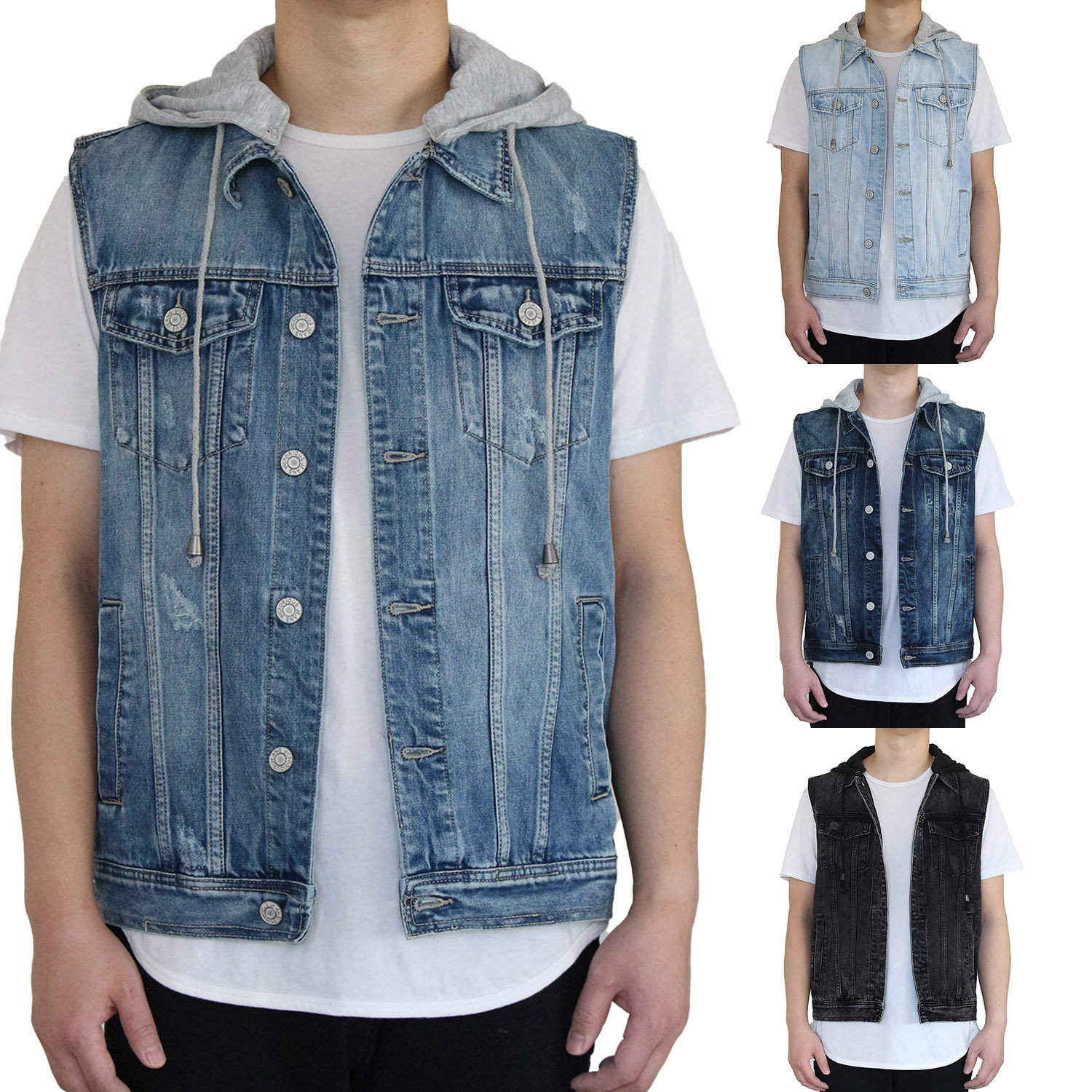 Medium Wash Denim Vest with Hood | Medium wash denim, Denim vest, Grey sweatshirt  hoodie