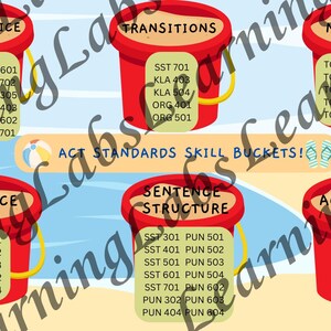 May include: Six red plastic buckets filled with sand, each labeled with educational categories including Word Choice, Transitions, Main Idea, Sequence, Sentence Structure, and Agreement, featuring alphanumeric codes and the text ACT STANDARDS SKILL BUCKETS.