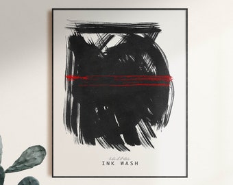 Ink Wash Print, Red Dot, Black Brush Strokes, Abstract Wall Art