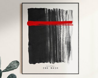 Red Brush Stroke Ink Wash Print, Japanese Style Abstract Art